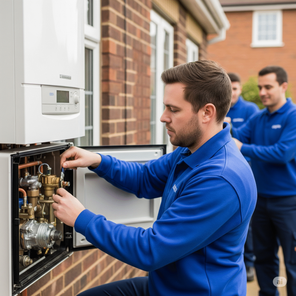 A male technician in a blue uniform carefully inspecting the inner components of a boiler unit mounted outside a brick house.