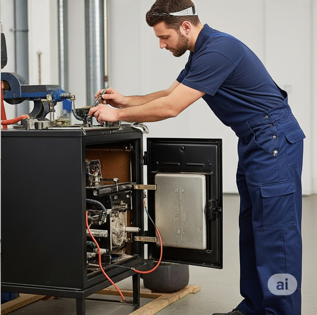 Close-up of a technician in white gloves performing precise adjustments on a boiler's internal components in a home setting.