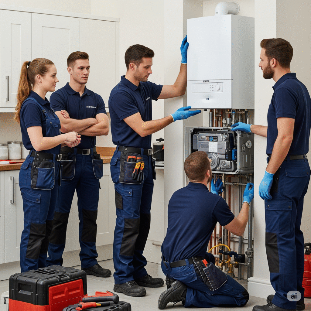 Female and three male heating engineers in navy uniforms working together to repair a boiler system in a residential kitchen