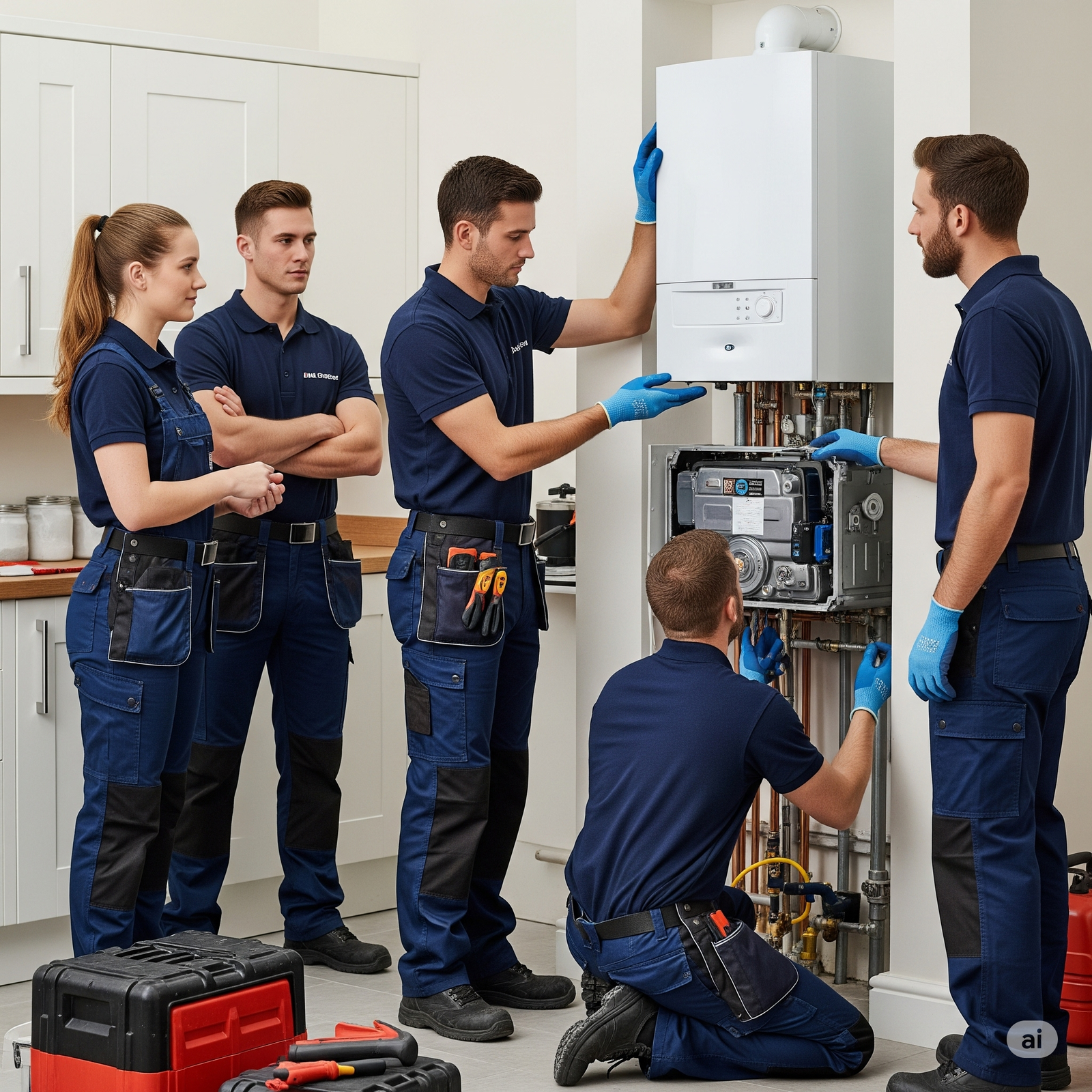 Female and three male heating engineers in navy uniforms working together to repair a boiler system in a residential kitchen