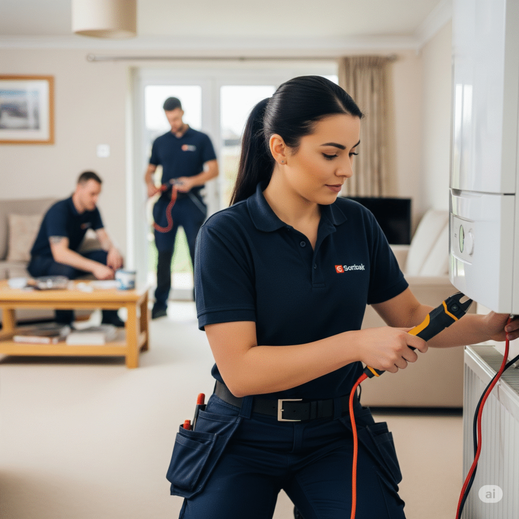 Female heating engineer testing boiler controls with wiring tools in a living room while male colleagues work in the background