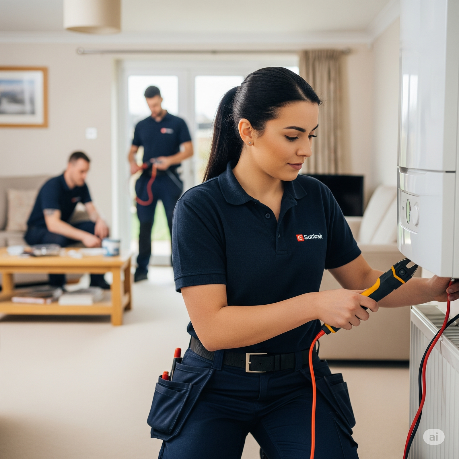 Female heating engineer testing boiler controls with wiring tools in a living room while male colleagues work in the background