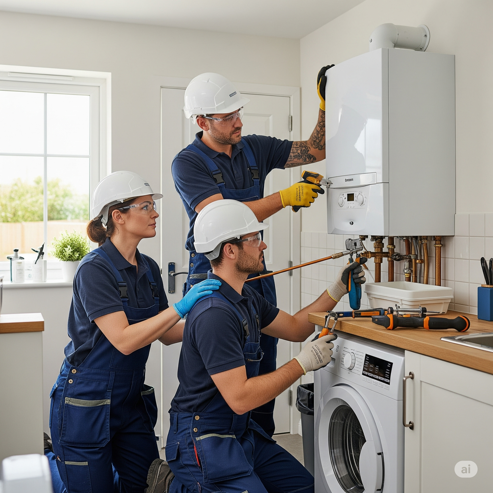 Four heating engineers working on an under-sink plumbing and boiler system inside a kitchen, preparing connections
