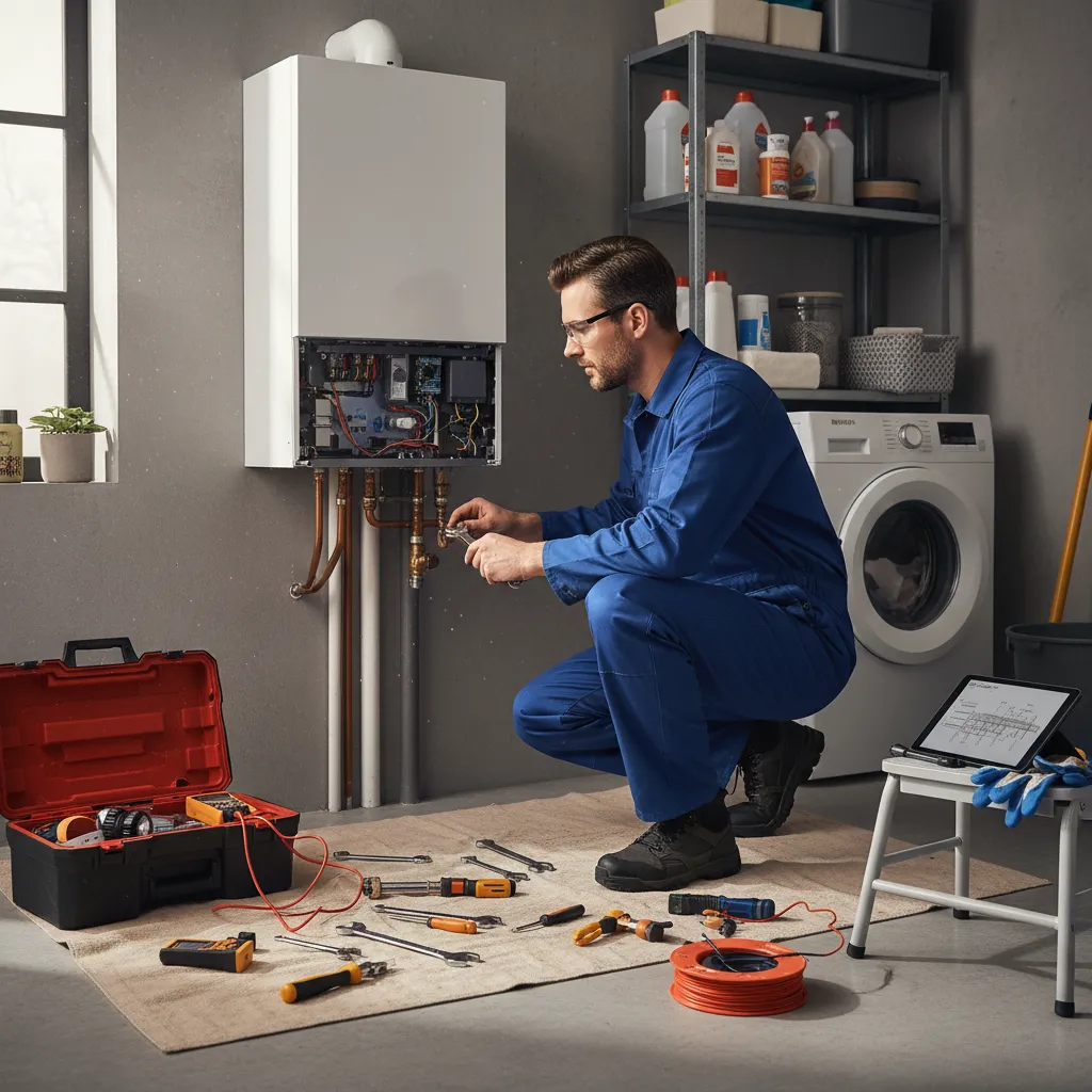 Boiler repair specialist troubleshooting a heating system