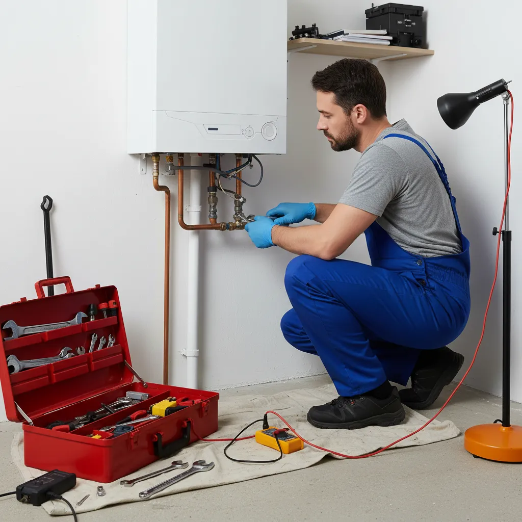 Gas Safe registered boiler engineer checking a boiler