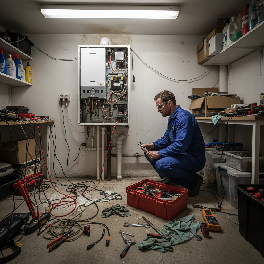 Emergency boiler repair technician working on a boiler