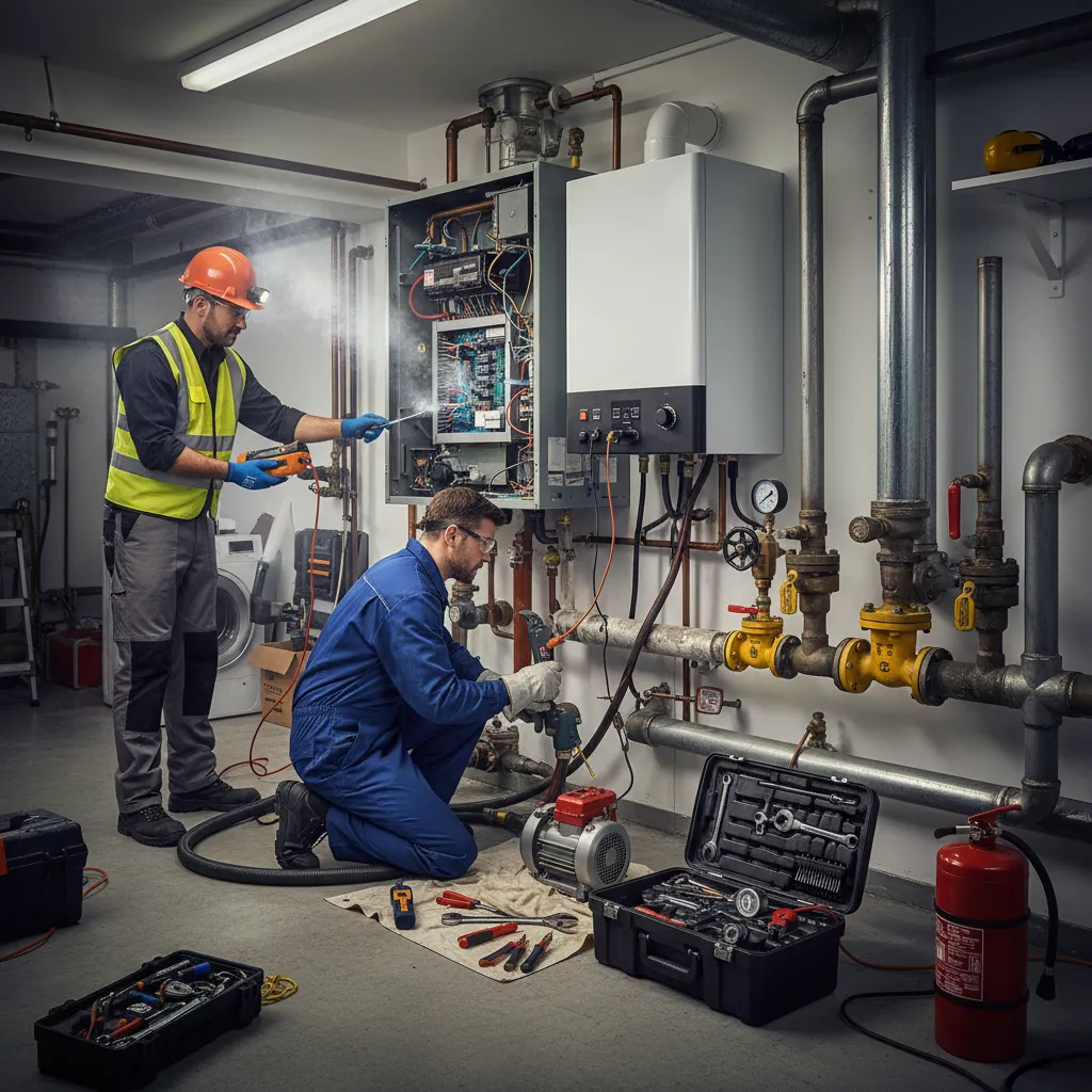 Boiler technician working on a complex boiler system