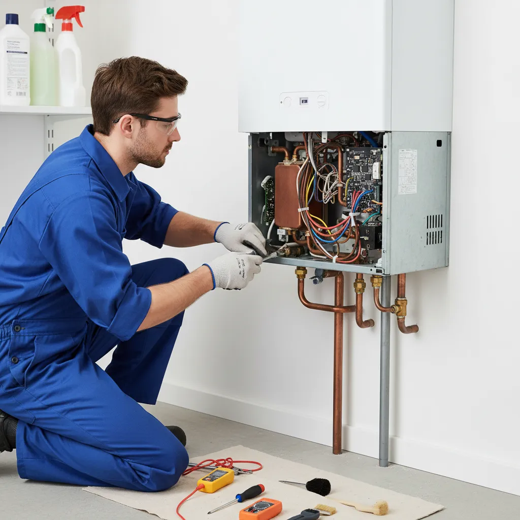 Friendly Gas Safe engineer explaining boiler service to a customer