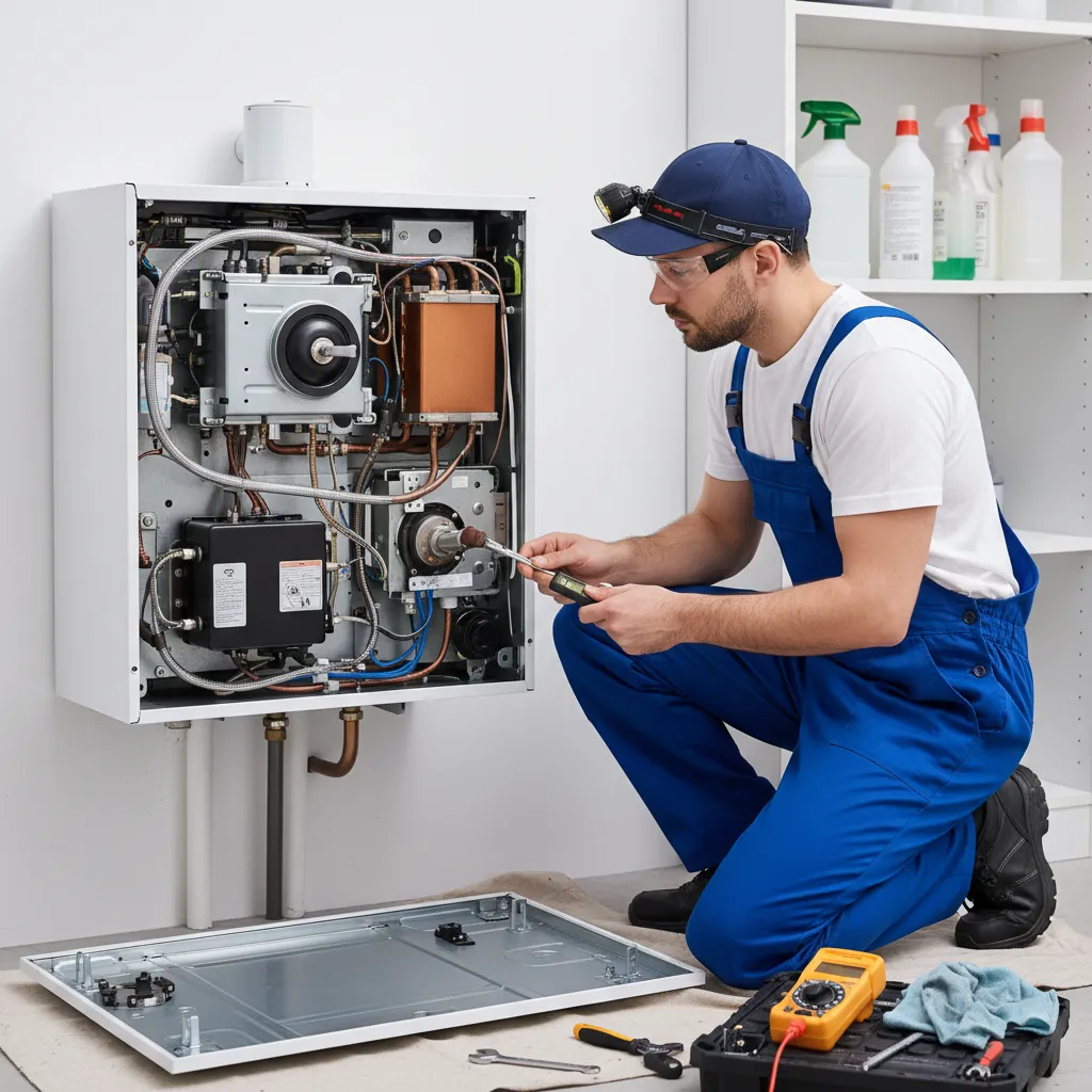 Engineer checking boiler for efficiency and carbon monoxide