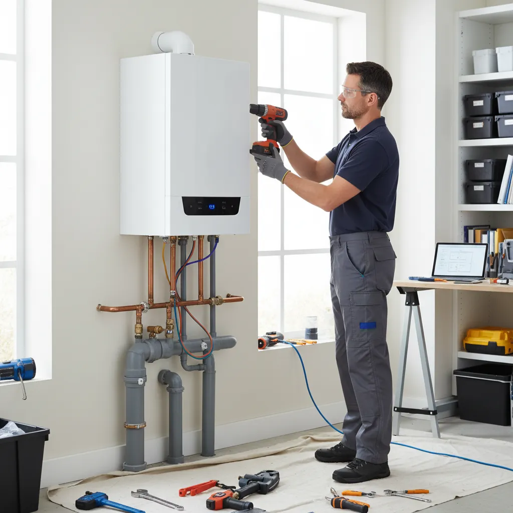 Professional boiler technician installing a modern boiler